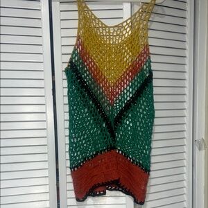 Gold and Green Sleeveless Crochet swimsuit cover up